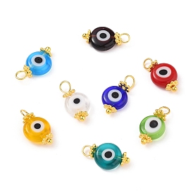 Handmade Evil Eye Lampwork Charms, with Brass Eye Pin and Tibetan Style Alloy Spacer Beads, Flat Round