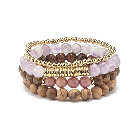 Natural Rhodonite & Chevron Amethyst & Wood Beads Stretch Bracelets Set for Women