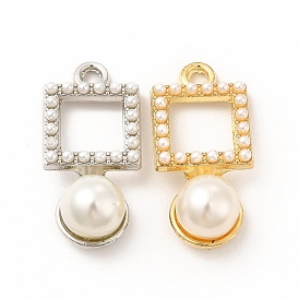 ABS Plastic Imitation Pearl Pendants, with Alloy Findings, Square Charm