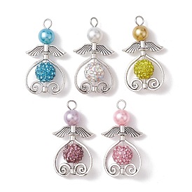 5Pcs 5 Colors Glass Pearl Pendants, with Polymer Clay Rhinestone and Alloy Beads, Angel Charms
