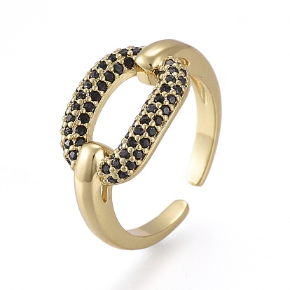 Brass Micro Pave Cubic Zirconia Cuff Rings, Open Rings, Long-Lasting Plated, Oval, Real 18K Gold Plated