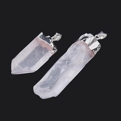 Natural Quartz Crystal Pointed Pendants, Rock Crystal Pendants, with Iron Findings, Plated Platinum, Nuggets