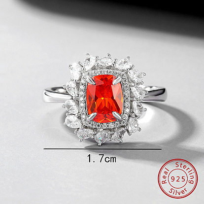 Кольцо из стерлингового серебра с родиевым покрытием и цветком на палец, с оранжево-красным фианитом, с печатью 925