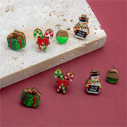 4 Pairs Christmas Printed Wood Stud Earrings, Flat Round Wood & Resin Earring