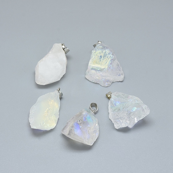 Electroplate Natural Crystal Pendants, with Platinum Tone Alloy Snap on Bails, AB Color Plated, Nuggets