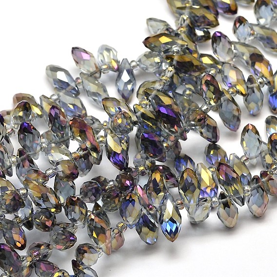 Faceted Teardrop Full Rainbow Plated Electroplate Glass Beads Strands, Top Drilled Beads, 12x6mm, Hole: 1mm, about 100pcs/strand, 15.7 inch