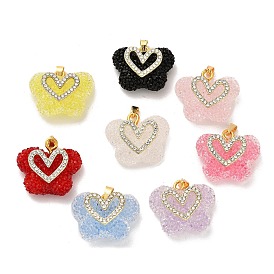 Butterfly with Heart Shape Resin & Rhinestone Pendant, with Rack Plating Golden Brass Findings, Long-Lasting Plated