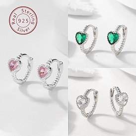 Cubic Zirconia Heart Hoop Earrings, 925 Sterling Silver Earrings, with S925 Stamp