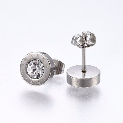 304 Stainless Steel Stud Earrings, with Rhinestone, Flat Round with Roman Numerals