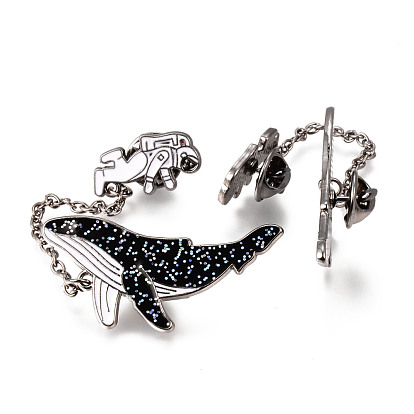 Alloy Enamel Brooches, Enamel Pin, with Glitter Powder and Brass Butterfly Clutches, Spaceman with Whale Shape, Electrophoresis Black, Cadmium Free & Nickel Free & Lead Free