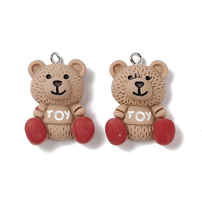Pendentifs en résine opaque, avec boucles en fer couleur platine, breloques ours avec mot jouet