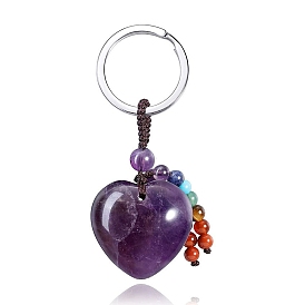 Natural Amethyst Heart Pendant Keychain, with Chakra Gemstone Bead, for Bag Car Key Ornaments