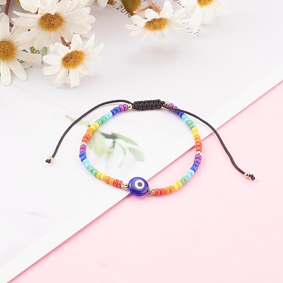Bracelets de perles tressées en nylon ajustable arc-en-ciel, avec des perles en verre de graine, perles de lampe au chalumeau et perles de laiton, or