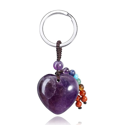Porte-clés pendentif coeur en améthyste naturelle, avec perle de pierre précieuse chakra, pour les ornements de clé de voiture de sac