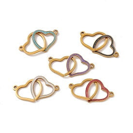 304 Stainless Steel Enamel Connector Charms, Double Heart Links, Golden