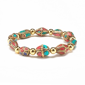 Bracelet extensible perlé tribal ethnique, bracelet synthétique corail & turquoise pour femme