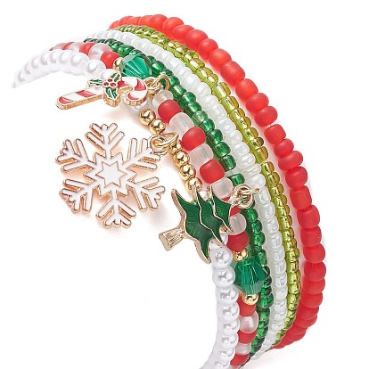 6шт 6 стильные браслеты из стеклянных бусин стрейч набор, Рождественская елка, снежинка и леденец, подвески из сплава эмали, штабелируемые браслеты для женщин