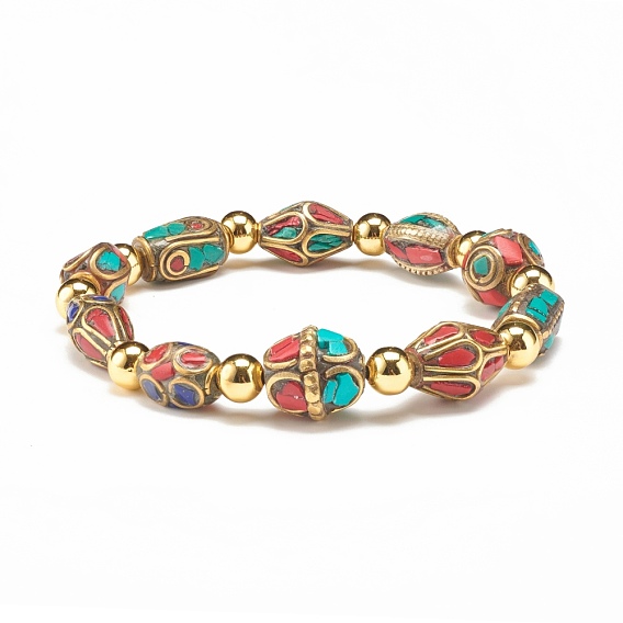 Ethnic Tribal Beaded Stretch Bracelet, Synthetic Coral & Turquoise Bracelet for Women