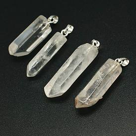 Pendentifs en cristal naturel, avec les accessoires en laiton, nuggets, platine, 30~55x13.5~25x10~16.5mm, Trou: 7x5mm