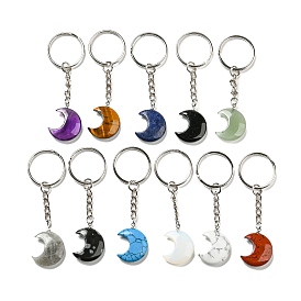 Reiki Natural & Synthetic Mixed Gemstone Moon Pendant Keychains, with Iron Keychain Rings