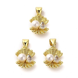 Rack Plating Real 18K Gold Plated Brass Pendants, with Cubic Zirconia & Plastic Imitation Pearl, Long-Lasting Plated, Lead Free & Cadmium Free, Shell