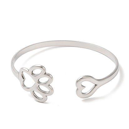 Empreinte de patte de chien creuse et coeur 304 bracelets manchette en acier inoxydable pour femmes