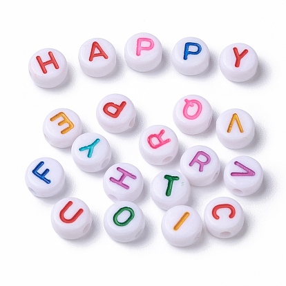 Opaque White Acrylic Beads, Flat Round with Mixed Color Letter