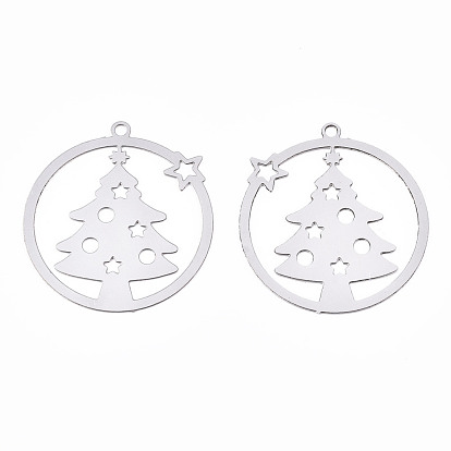 Christmas 201 Stainless Steel Filigree Pendants, Etched Metal Embellishments, Ring with Christmas Trees