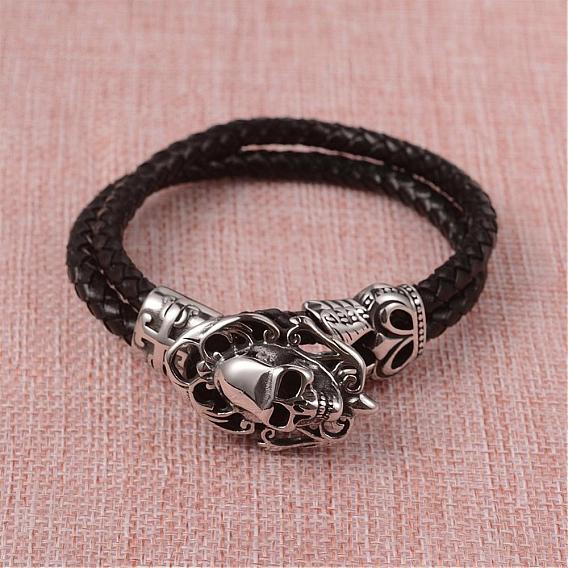 Braided Leather Cord Bracelets, Multi-strand Bracelets, with 316 Stainless Steel Skull Clasps, Antique Silver