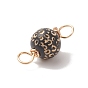 Painted Natural Wood Connector Charms, with Eco-Friendly Light Gold Plated Copper Wire Double Loops, Round with Leopard Print