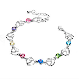 Bracelet en laiton plaqué platine shegrace fashion, coeurs avec cristal autrichien multicolore