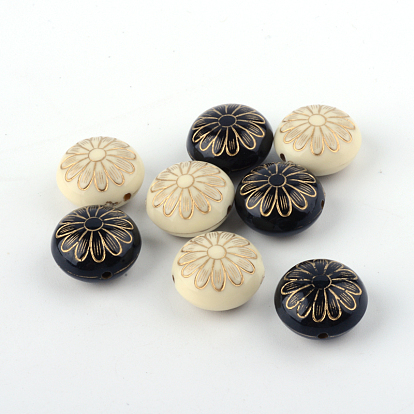 Flat Round with Flower Plating Acrylic Beads, Golden Metal Enlaced, 16x10mm, Hole: 1.5mm, about 380pcs/500g