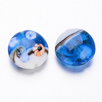 Ocean Style Flat Round Handmade Lampwork Beads, 20~21x10mm, Hole: 2mm, about 12pcs/box