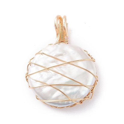 Natural Baroque Pearl Keshi Pearl Pendants, with Real 18K Gold Plated Eco-Friendly Copper Wire, Flat Round