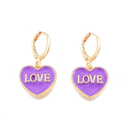 Heart with Word Love Enamel Dangle Leverback Earrings, Real 18K Gold Plated Brass Jewelry for Women, Cadmium Free & Nickel Free & Lead Free