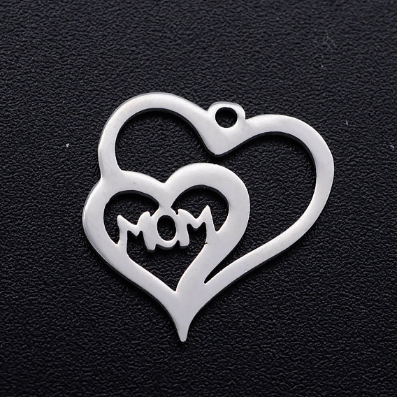 201 Stainless Steel Charms, Heart with Word Mom, for Mother's Day