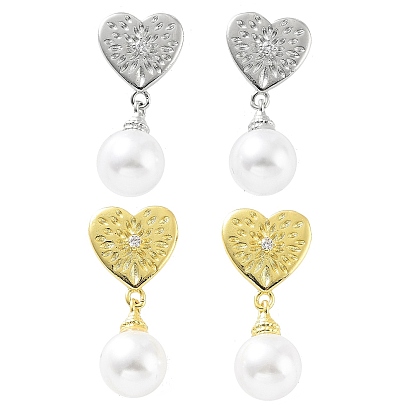 Heart Rack Plating Brass Studs Earrings for Women, Plastic Pearl Dangle Earrings, Long-Lasting Plated, Lead Free & Cadmium Free