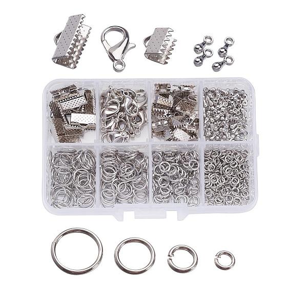 1Box Jewelry Findings 20PCS Alloy Lobster Claw Clasps, 45PCS Iron Ribbon Ends, 40g Brass Jump Rings, 10g Alloy Teardrop End Pieces