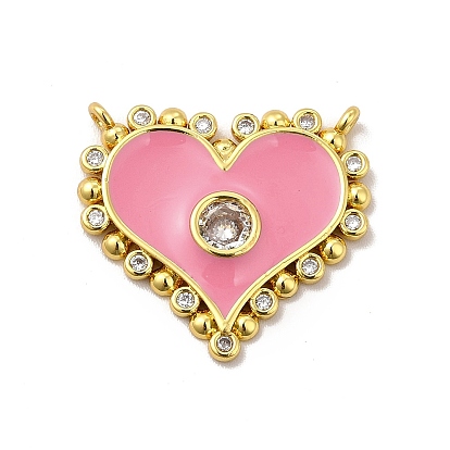 Rack Plating Brass Micro Pave Clear Cubic Zirconia Connector Charms, Heart Links with Enamel, Cadmium Free & Lead Free, Real 18K Gold Plated, Long-Lasting Plated