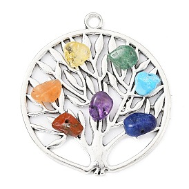 7 Chakra Mixed Gemstone Chip Pendants, Tibetan Style Zinc Alloy Tree of Life Charms, Antique Silver, Mixed Dyed and Undyed