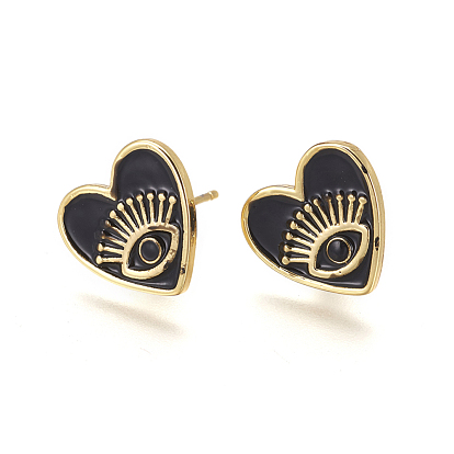 Brass Enamel Stud Earrings, Heart with Evil Eye, Golden