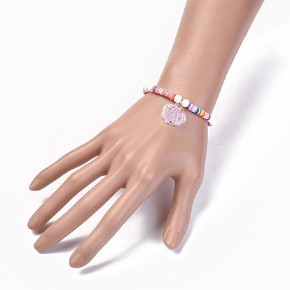 Bracelets extensibles pour enfants, pendentifs paillettes en perles de verre et résine, coquille