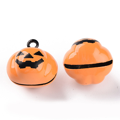 Halloween Baking Painted Brass Bell Pendants, Pumpkin Jack-O'-Lantern