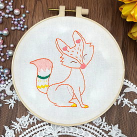 DIY Fox Painting Embroidery Beginner Kits, Including Printed Cotton Fabric, Embroidery Thread & Needles, Round Embroidery Hoop