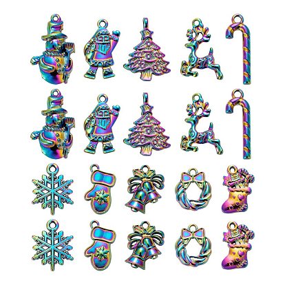 20Pcs 10 Style Alloy Pendants, Cadmium Free & Nickel Free & Lead Free, Father Christmas, Glove, Garland, Christmas Reindeer/Stag & Trees & Candy Cane & Snowflake & Bell & Stocking & Snowman