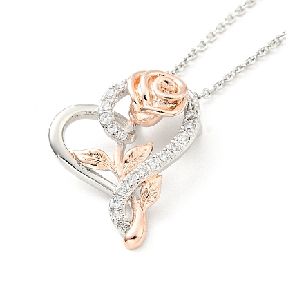 Clear Cubic Zirconia Heart with Rose Pendant Necklace, Two Tone Brass Jewelry for Women
