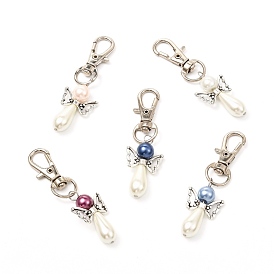 Porte-clés, avec perles de cuisson en verre perlé peintes au four, rondes, Perles en alliage de style tibétain et fermoirs à pince de homard pivotants en alliage, ange