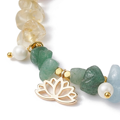 Brass Lotus Flower Charm Bracelet, Natural Mixed Gemstone Chips Beaded Chakra Theme Bracelet
