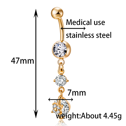Piercing Jewelry, Brass Cubic Zirconia Navel Ring, Belly Rings, with Surgical Stainless Steel Bar, Cadmium Free & Lead Free