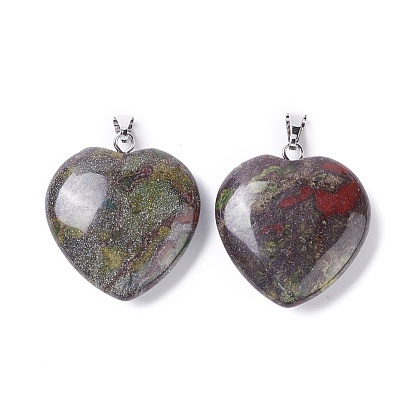 Pendentifs en pierre naturelle, cœur, avec les accessoires en laiton de tonalité de platine, cœur